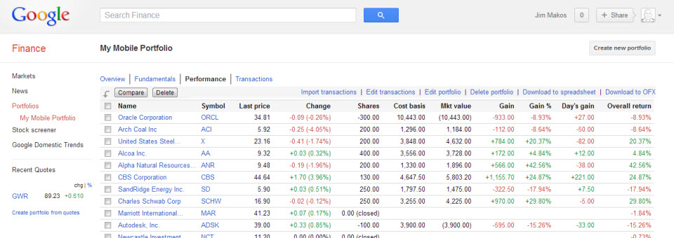my portfolio google finances